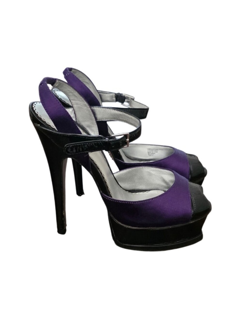 Bebe Purple Black Satin Platform Peep Toe Heels Size 7 - Picture 5 of 16